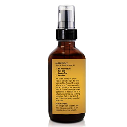 Tropical Holistic Organic Sweet Almond Oil 4 Oz -100% Pure Natural Virgin Unrefined Best For Hair, Face, Skin,Massage, Food Grade #TOP6