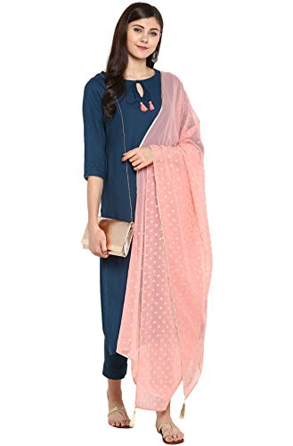Image of Janasya Women's Turquoise Blue Rayon Kurta With Pant And Dupatta