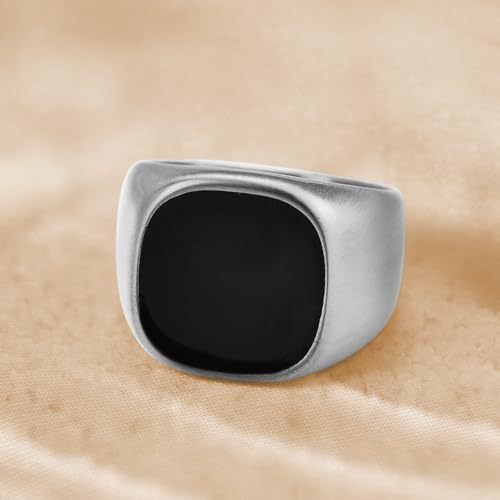 Image of Peora Silver Plated Stainless Steel Black Stone Studded Fancy Signet Ring for Men (US 9)