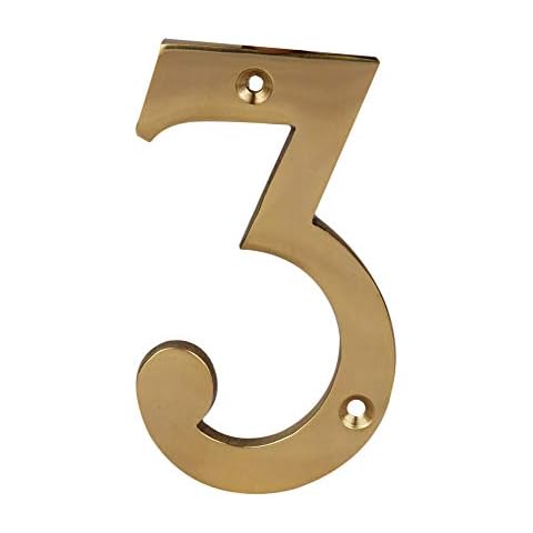 Skandh Solid Brass 4 inch Yellow House Address Numbers 3, Polished Brass Lacquered Cover