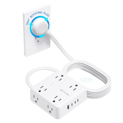 Image of TROND Power Strip Surge Protector, 360 Rotating Flat Plug, 8 Widely Spaced Outlets, 3C1U, Flat Plug Extension Cord 10ft, 1440J Surge Protector, Home Office, White