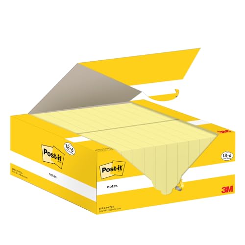 Post-it Notas Canary Yellow - Paquete de 18 Blocs + 6 Blocs GRATIS, 100 Hojas por Bloc (38 mm x 51 mm) - Color Amarillo - Notas Autoadhesivas para Listas de Tareas y Recordatorios