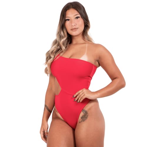 Maiô Body Feminino Buraco no Ombro Único Engana Mamãe Hot Pants (BR, Alfa, P, Regular, Padrão, Vermelho)