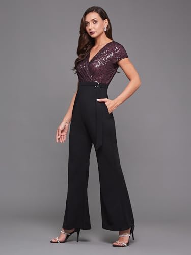 Image of Miss Chase Women's Halter Neck Sleeveless Solid Wide Leg Sequin Paneled Regular Length Jumpsuit
