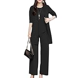 [Fosys] 3点セット セットアップ スーツ レディース カーディガン パンツ 通勤 カジュアル キレイめ 上品 ママ 体型カバー 春 秋 冬 (ブラック, XL)