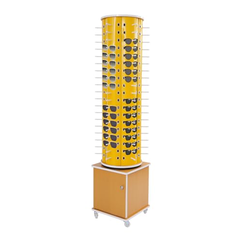 Glasses Storage Display Stand with Wheels and Storage Cabinet 114 Pairs Modern Sunglasses Storage Organizer Commercial Eyewear Hanging Rack for Retail Shop Rotating Eyewear Holder Yellow