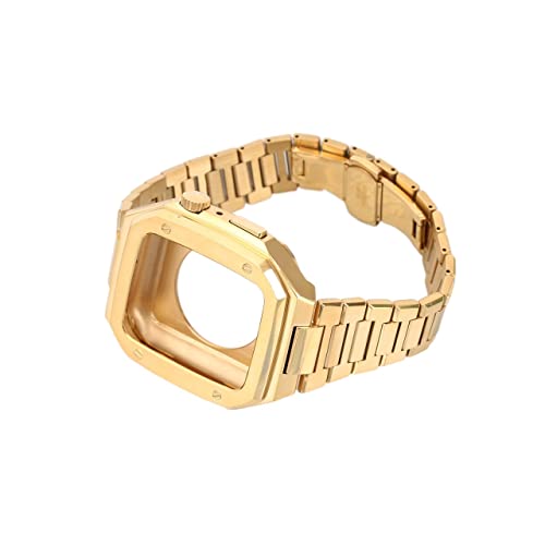 CNHKAU Caso+Modificación Noble Metal Band Para Apple Watch Series 8 45mm 44mm Acero inoxidable Pulsera Mod Kit Para iWatch Correa SE 7 6 5 (Color: Oro, Tamaño: 44MM) Cover