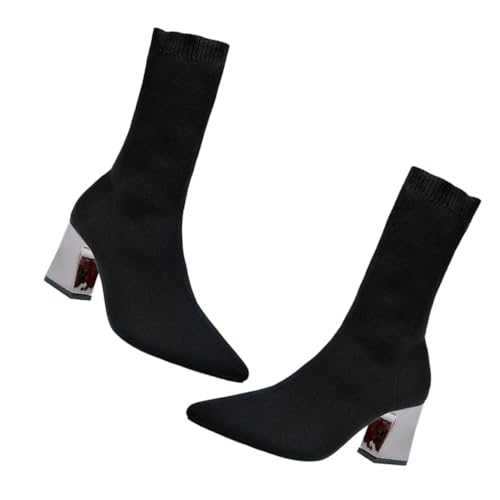 GALPADA Botas De Calcetín Para Mujer Negras De Otoño e Invierno, Botines De Tacón Alto Grueso, Tejidos De Punto Elásticos, Zapatos De Tacón Puntiagudo Para Uso Diario y Fiestas, Talla 42
