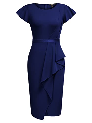 Knitee Women's Vintage Ruffle Slit Cocktail Evening Party Dress Navy Blue Large #TOP3