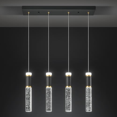 BNHHLZ 4-Light Pendant Light Fixture, Dimmable LED Kitchen Island Lighting with Bubble Crystal Shades, Modern Black Gold Metal for Dining Room, Foyer, Easy Installation