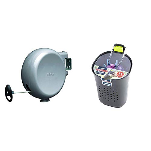 Image of Minky Retractable Reel Washing Line with 15 m of Drying Space, Grey with Pod Plus 24 Sure Grip Pegs, Grey, One Size