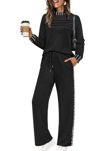 Image of WIHOLL Two Piece Sets for Women Fall Travel Vacation Outfits 2026 Long Sleeve Lounge Sets Side Slit Wide Leg Pants XS-3XL