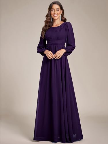Image of Ever-Pretty Women's Crewneck Long Lantern Sleeves Floor Length A-Line Pleated Chiffon Formal Dress 0106B