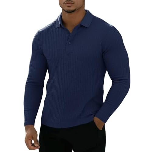 Muscle Cmdr Men's Cotton Long Sleeve Muscle T Shirts Slim Fit Business Casual Tee Short Sleeve Ribbed Polo V Neck Small Blue/Long