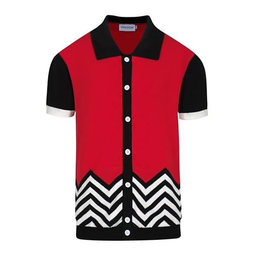 OXKNIT Men Knit Polo Shirts Short Sleeve Red Vintage Polo Shirt Casual Golf Shirts with Black White Wave