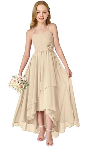 Asymmetrical Junior Bridesmaid Dresses A-Line Ruched Chiffon Flower Girl Dress Spaghetti Straps Formal Party Gown