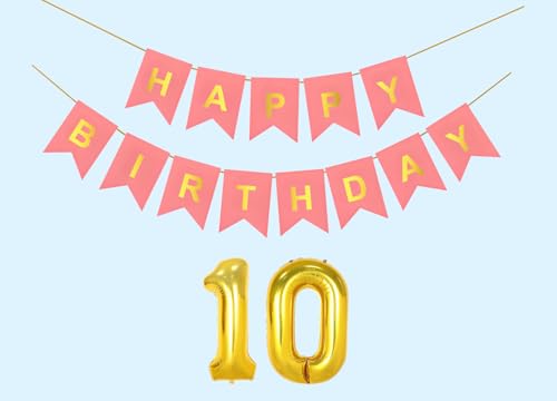 Image of 10th Happy Birthday Decoration Kit Light Pink for 10 year Old Boys Girls Kids with Number Ten Party Decorations Decor Celebration Items Item Set Combo Reusable Paper Banner
