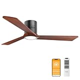 DAMINY Natural Solid Wood 52 inch Ceiling Fan with Light,3 Blades,6CCT,Black Low Profile Ceiling Fan with Light and Remote Control,APP Control,Flush Mount