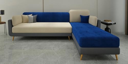 Image of Polyester Velvet Contemperory Sofa Set with Cushion Chaise Lounge, Sectional Sofa Perfect for Your Living Room,Guests Room & Office. (Blue & Beige, 5 Seater)