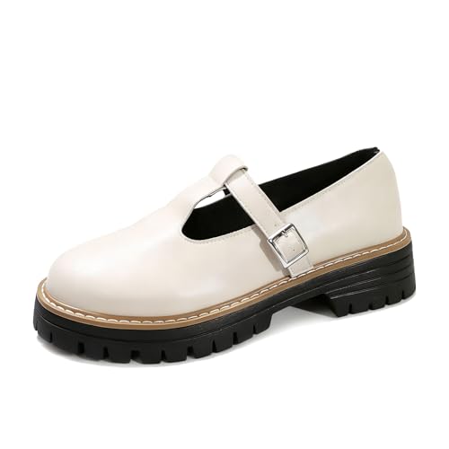 Women's Lug Sole T-Strap Mary Jane Shoes Retro Leather Round Toe Platform Block Heel Anti-Slip Mary Jane Oxford Shoes with Adjust Buckle Strap for Casual School Uniforms (White,8)
