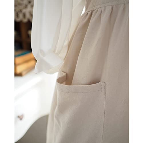 Cotton Linen Apron Cross Back Work Apron for Women with Pockets Pinafore Dress X Cross Halter Apron for Baking Chef Gardening (Beige) - Thumbnail 4