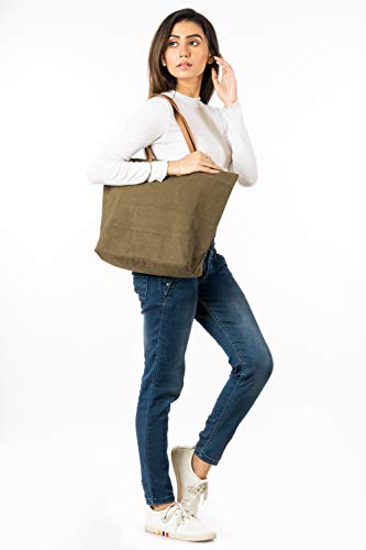 Image of AQVA Cotton Thick Canvas Tote Bag for Women (17.5 inchx13 inchx6 inch) | Trendy Stylish Multipurpose Handbag with Inside Pockets and Zipper | Shoulder Bag for Shopping, Beach, Travel and Work