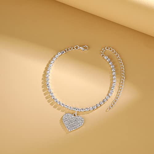 Image of Fesciory Heart Rhinestone Ankle Bracelets for Women, Adjustable Silver Plated Shiny Tennis Anklets, Twinkle Cubic Zircon Imitation Diamond Anklet Foot Chain Jewelry Gifts