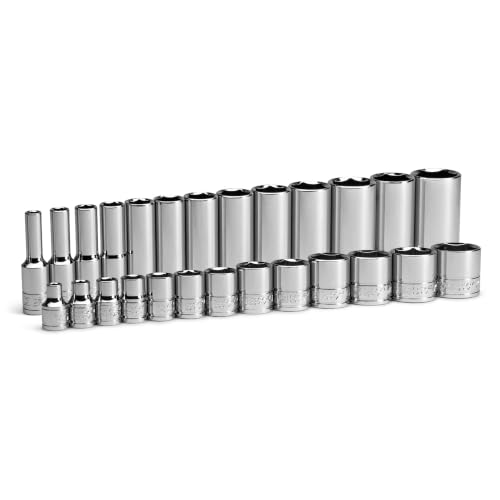Image of Capri Tools 3 /8 in. Drive Shallow and Deep Chrome Sockets Set, SAE, 6-Point, 1 /4 to 1-Inch, 26-Piece