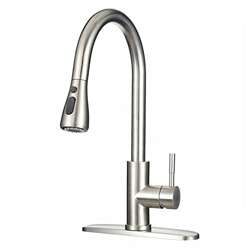 Grifo de Cocina extraíble, Grifo Giratorio Monomando con rociador extraíble de Doble función, Mezclador de Agua Caliente y fría de Acero Inoxidable con Placa de Cubierta, níquel Cepillado.