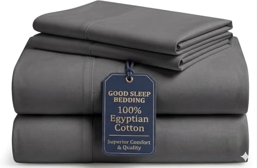 Image of Good Sleep Bedding Full Size Sheet Sets, 4 Piece, 100% Egyptian Cotton Full Sheets, Silky Sateen Weave, Ultra-Soft Hotel Sheets, 16 inch Deep Pocket Full Bed Sheets Set - Dark Gray