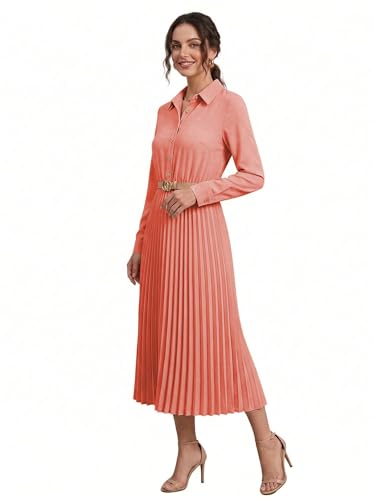 Image of Business Casual Shirt Dress for Women Long Sleeves Pleated Midi Dresses with Belt