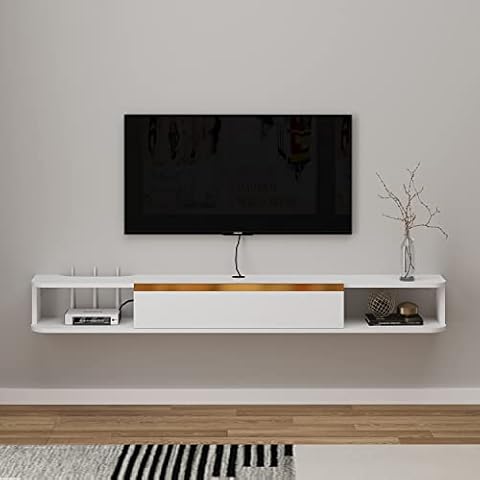 Pmnianhua Floating TV Unit, 55'' Wall Mounted TV Cabinet, Floating Shelves with Drawer, Modern Matte Entertainment Media Console Center Large Storage TV Bench for Living Room & Office (140cm, White) Cover