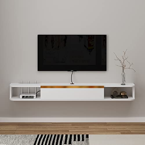 Pmnianhua TV Lowboard Hängend, TV Schrank Hängend, Wand befestigter schwimmender TV-Ständer Unterhaltungs, Medienkonsolen-Center Großer Aufbewahrungsschrank für Wohnzimmer Home Office (200cm, Weiß) Cover