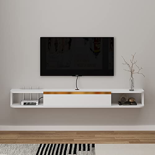 Bixiaomei Floating TV Unit, 95'' Wall Mounted TV Cabinet, Floating Shelves with Door, Modern Matte Entertainment Media Console Center Large Storage TV Bench for Living Room & Office (94.49IN, White)