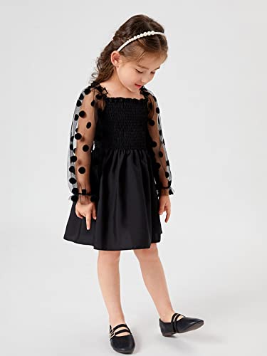 Wdirara Toddler Girl's Polka Dots Mesh Flounce Long Sleeve Flared Shirred Dress Black 120 #TOP3