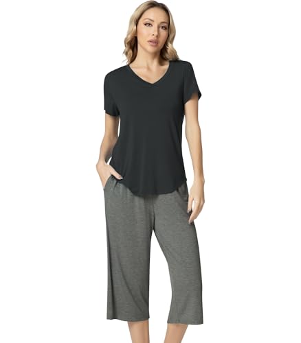 Image of NACHILA Bamboo Viscose Pajamas for Women Lace V Neck Capri Pants Pjs Set