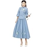 Women's Chinese Tang Suit Flower Embroidered Two Piece Outfit Mandarin Top Tea Length Skirt Traditional...