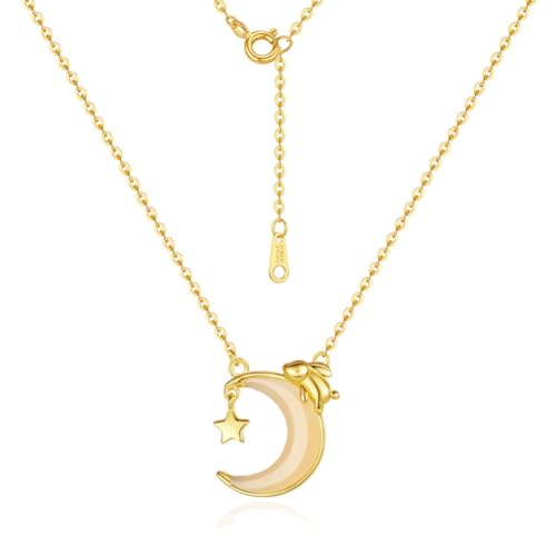 Collier lune et étoile en calcédoine naturelle et or 22K pour femme