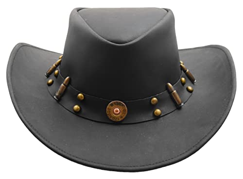 Cowboy Western Genuine Leather Australian Bush Outback Style Hat HL0010 Black, Black, XX-Large