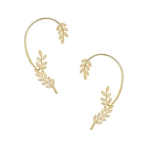 HSAJS Ear Wrap Earrings Olive Branch Tassel Earrings Shiny Zircon Leaves Ear Clip,Vintage Ear Cuff Earrings Leaves Drop Earrings Ear Clip for Women Girls Presents (Gold) Cover