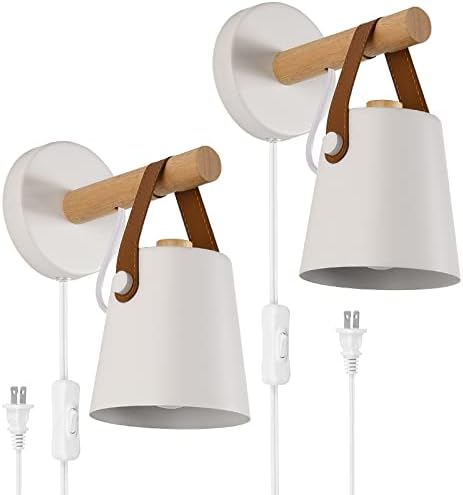 HJ.Luyo Wall Lamps for Bedroom Set of 2 Indoor Wall Sconces Plug in Cord White Modern Wooden Sconces Wall Lighting for Farmhouse Bedside Aisle Corridore