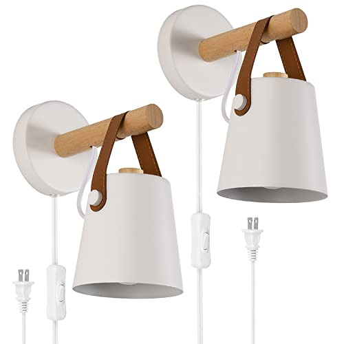 Hj.luyo Wall Lamps For Bedroom Set Of 2 Indoor Wall Sconces Plug In Cord White Modern Wooden Sconces Wall Lighting For Farmhouse Bedside Aisle Corridore #TOP29