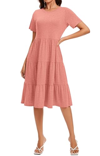 Image of Womens Summer Short Sleeve Crew Neck Midi Dress 2026 Casual Fit Flowy Tiered Beach Vacation Sundress with Pockets