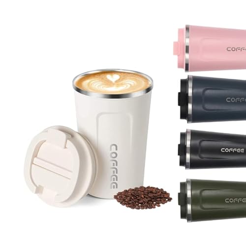KISUOMAOYI Travel Mugs, Insulated Coffee Cup with Leakproof Lid - Reusable Coffee Cups Travel - Car Coffee Cup - Stainless Steel Thermal Mug for Hot and Cold Coffee Water and Tea.380ml (White)