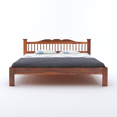 Image of Solid Sheesham Wood Arch Queen Size Bed Without Storage | Wooden Double Bed Cot Bed for Bedroom Furniture | Palang Double Bed for Hotels | Honey Finish