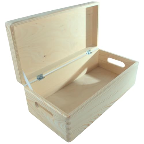 WooDeeDoo Long Narrow Wooden Storage Box with Hinged Lid - Cut Out Handles Pine Keepsake Craft Chest Underbed Organiser Unfinished DIY Gift Box Natural Wood - 40 x 20 x 14 cm
