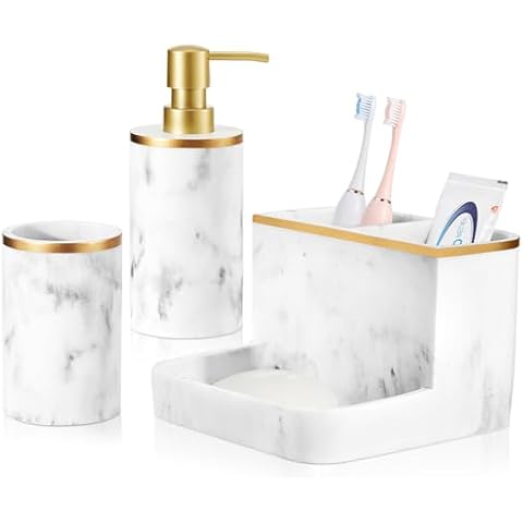 Shinowa Bathroom Accessories Set, Marble Look Toothbrush Holder and Soap Dispenser Set, Bathroom Countertop Décor Sets with Lotion Dispenser Soap Pump, Tumbler, Bathroom Organizer Accessories Cover