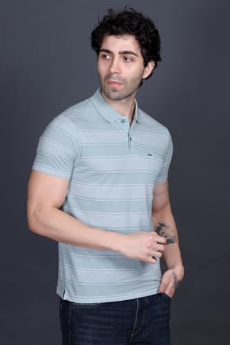 Image of GODFREY Striped Tshirt Shirts Men Cotton Polo T Shirt for Man with Pocket - Regular Fit Half Sleeve Collar T Shirts for Men