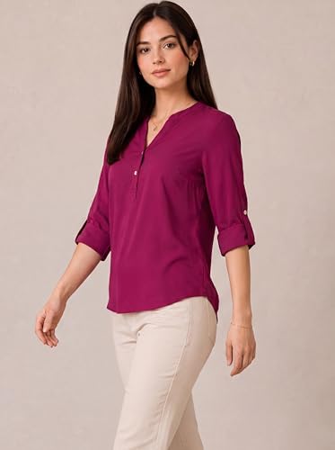 Image of FYLTR Women's Casual Roll -Up Sleeves V-Neck Top - Western Tops for Woman | Shirts for Women | Soft & Comfortable | Tops for Jeans