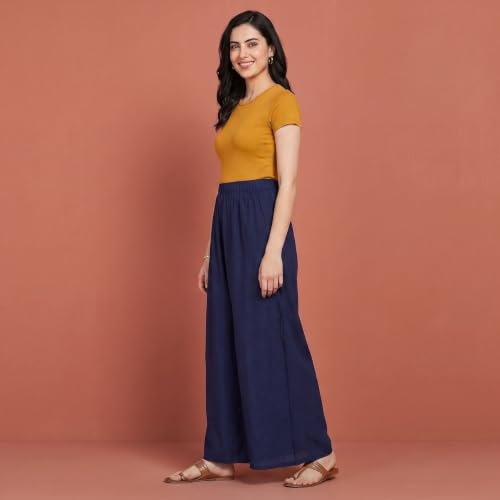 Image of FASHION GALLERY Women's Solid Rayon Palazzo Pants | Relaxed Fit Full Length Wide Leg Palazzo | Elastic Waist Comfortable Casual Lounge Office Ethnic Flared Trousers for Women